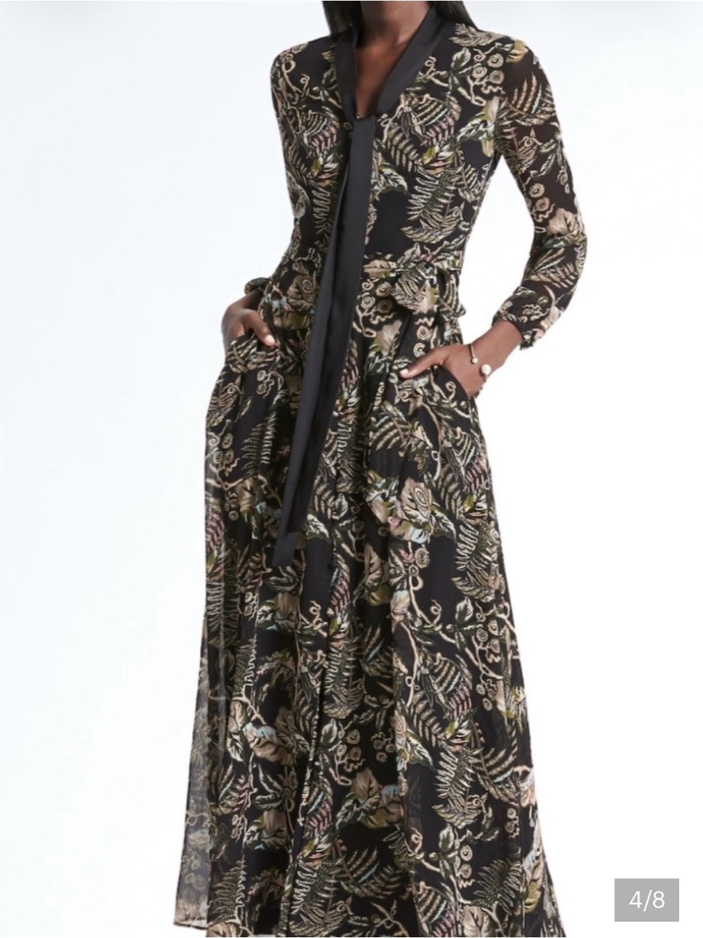 Banana Republic Black Floral Long-Sleeve Maxi Dress with Tie Neck Size 8 NWT
